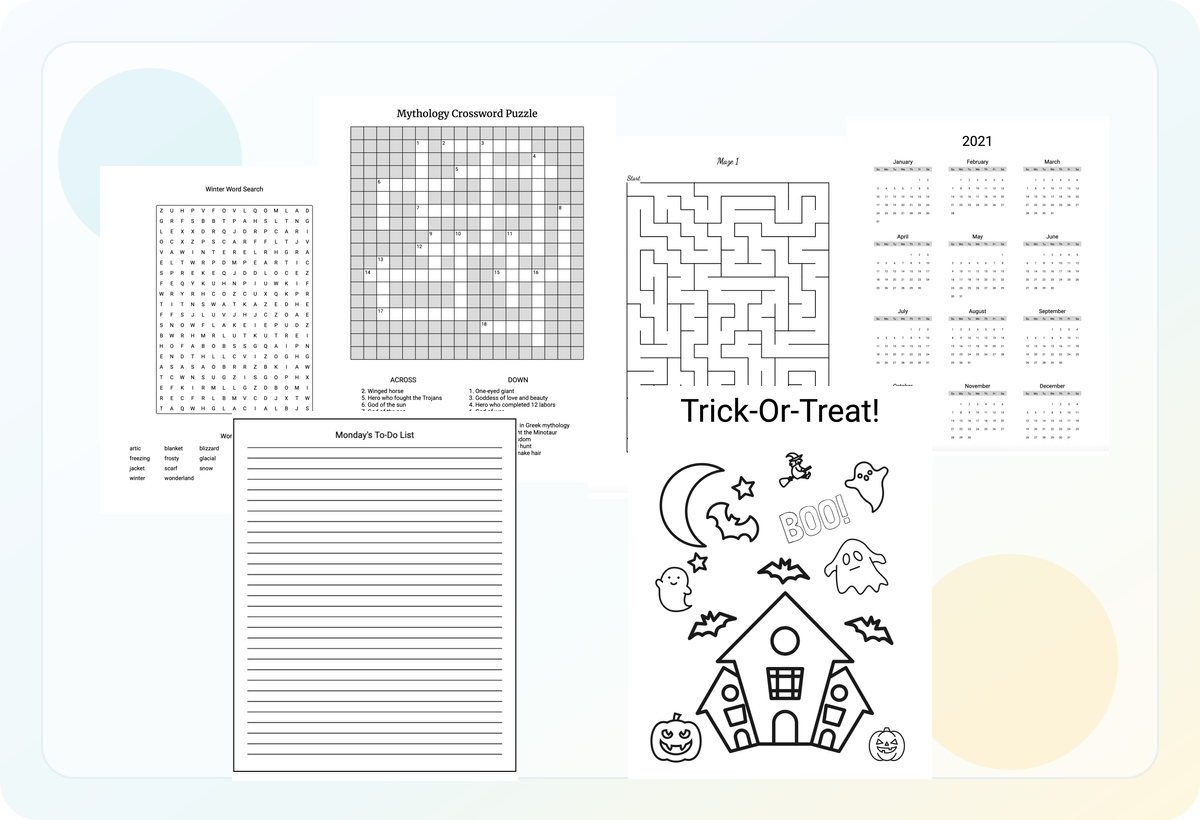 Sample puzzle book, planner, journal, and activity pages created with A Book Creator